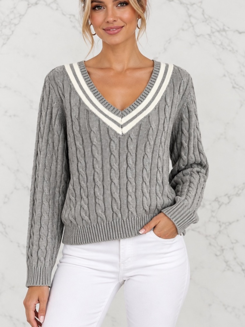 Lands End 100% Cotton Varsity Preppy Collegiate Cable Knit Sweater Grey SZ Large